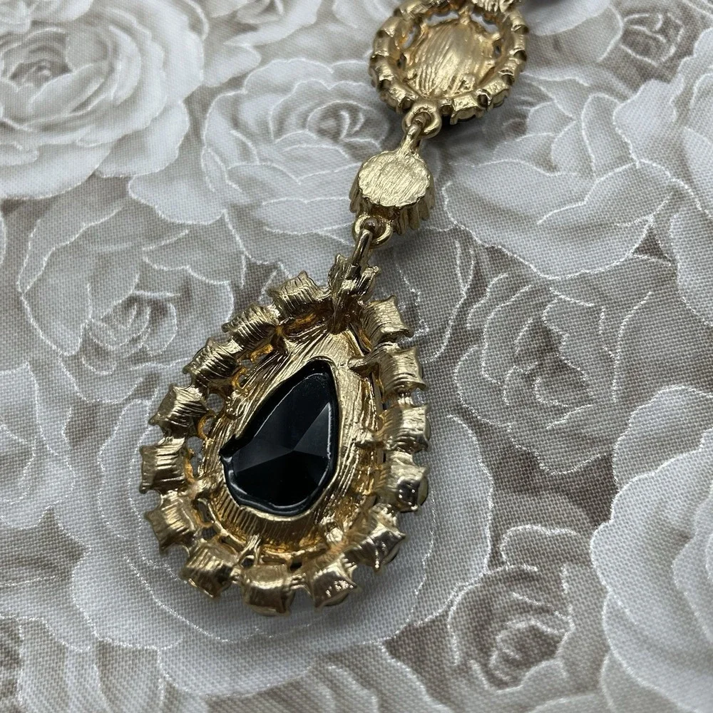 Necklace‎ & Dangle Earrings Gold Tone Black Faceted Teardrop Adjustable Fashion